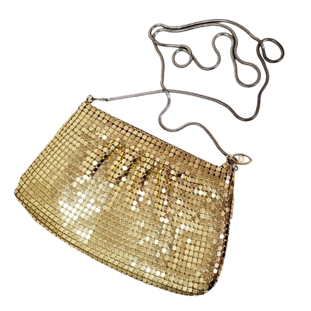 Goldtone Metal Mesh Shoulder Bag Long Chain Strap Small Vintage